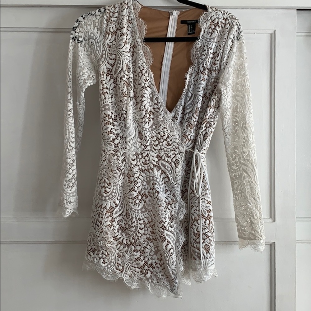White lace long sleeve wrap romper